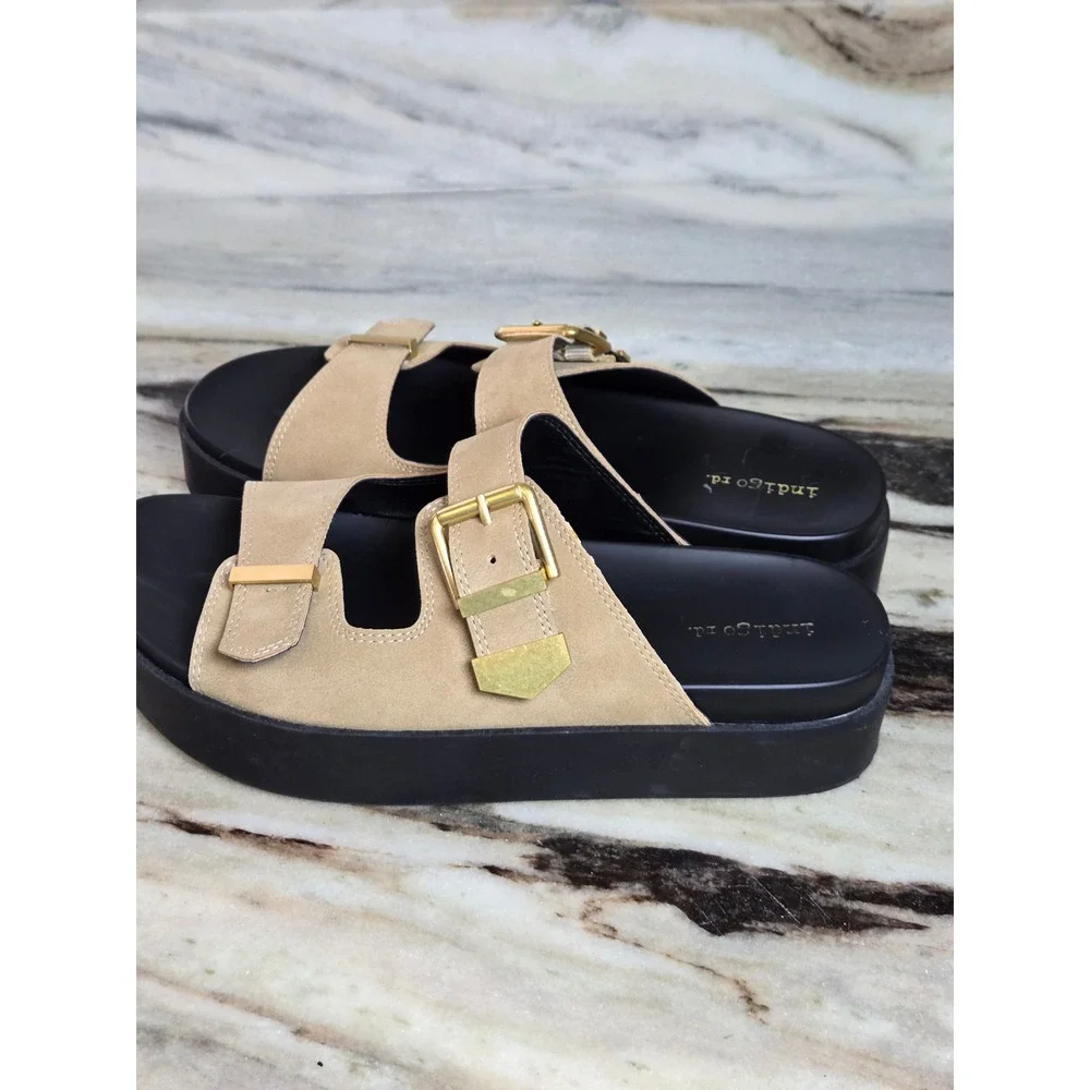Indigo rd. Womens Tan Faux Suede Double Buckle Platform Slide Sandals Size 9.5 M